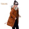Winter Women Cotton Jacket with Furry Hood Neck Protection Pockets Mid Length Zipper Closure Padded Coat Solid Color Windproof Outwear Parka