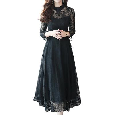Kyonuza Elegant Lace Long Dress with Stand Long Slim Long Suitable for Formal and Casual Size 2025 Women's Collar, Sleeves, Fit, Length, Wear, Black,