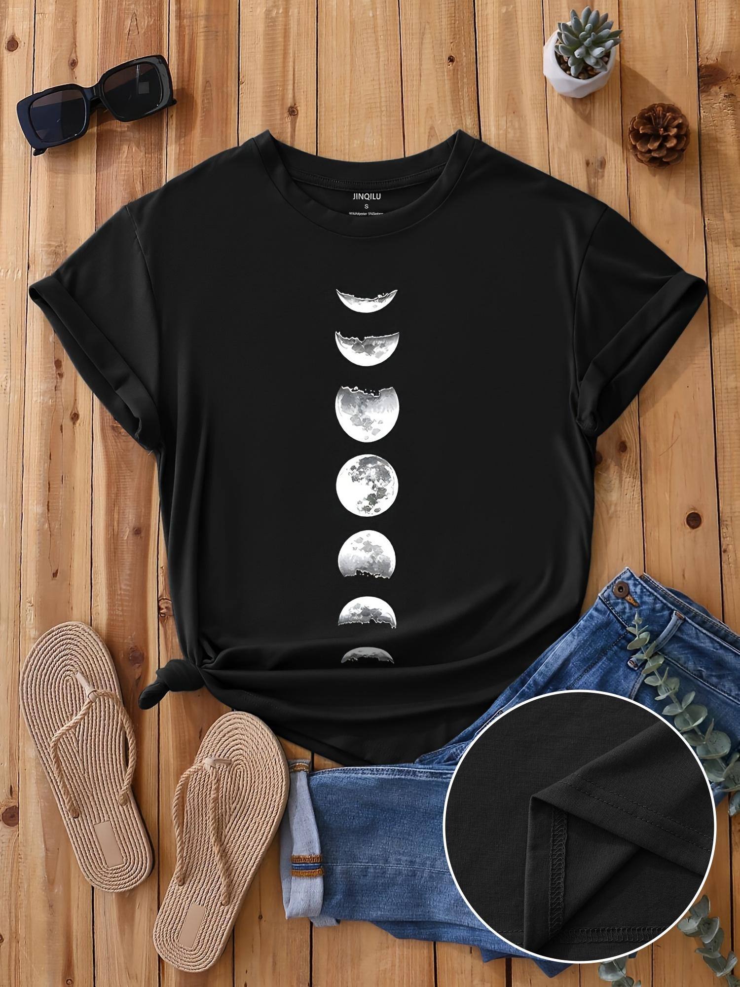 

Moon Print Crew Neck T-shirt, Casual Short Sleeve T-shirt For Spring & Summer, Women s Clothing 5XL різнокольоровий