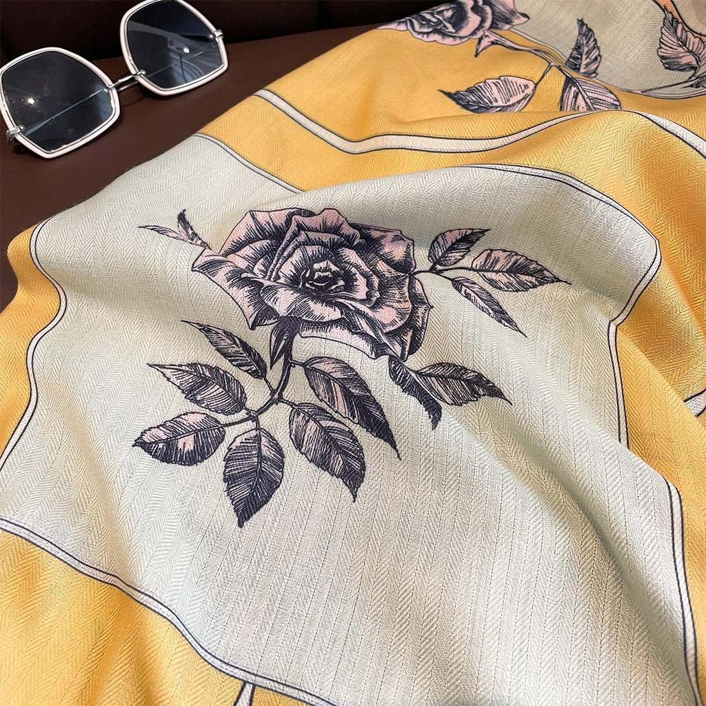 Sketch Plant Elegant Soft Double-sided Heterochromatic Warm Scarf Women's Shawl Large Square Scarf Thin Triangular Scarf Air Conditioner Neck Protecti