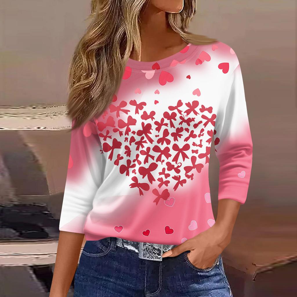 Women's Fashion Casual Round Neck 3/4 Sleeve Loose  Printed T-Shirt Ladies Top