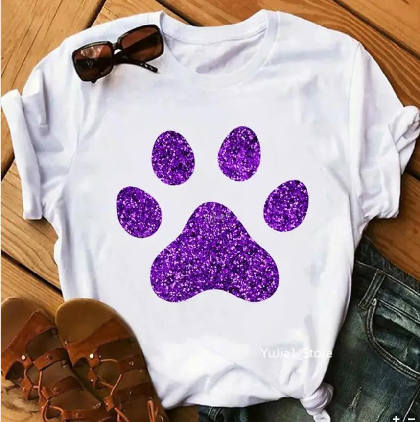 Women's Large Size Short Sleeve Crewneck T-Shirt Cartoon Hand-Painted Dog Paw Print Warm Polyester Fabric Summer Fashion