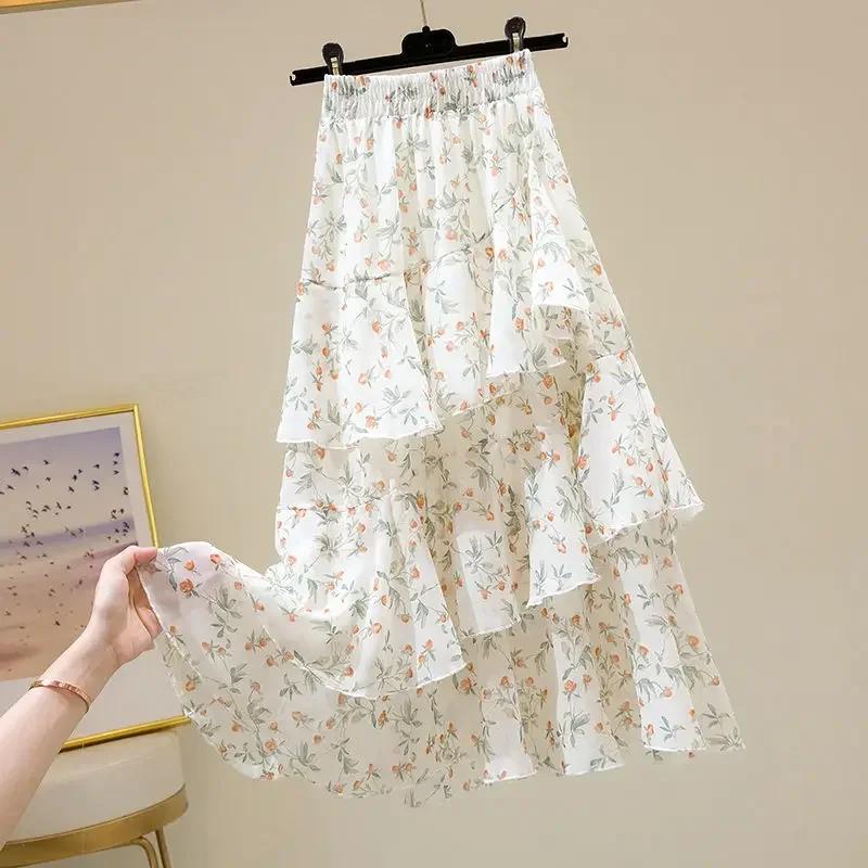 

Floral Skirt Women Summer Sweet Ruffled A-line Chiffon Long Skirt Women s Half Body Skirt XS белый