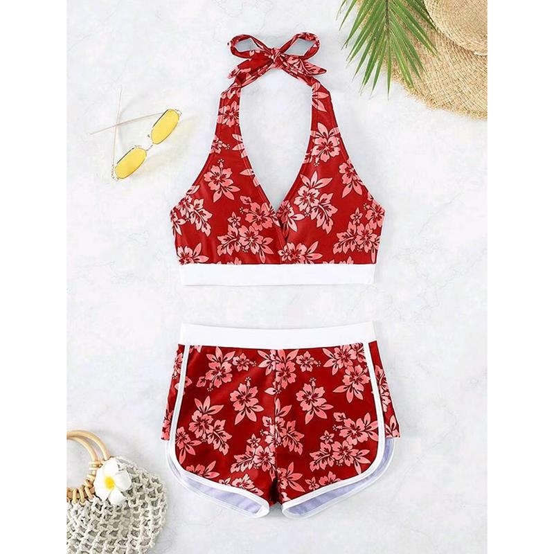 Halter Sporty Bikinis Printed Swimsuit Women High Waist Shorts Swimwear Female Bathers Bathing Swimming Swim Suit Beachwear