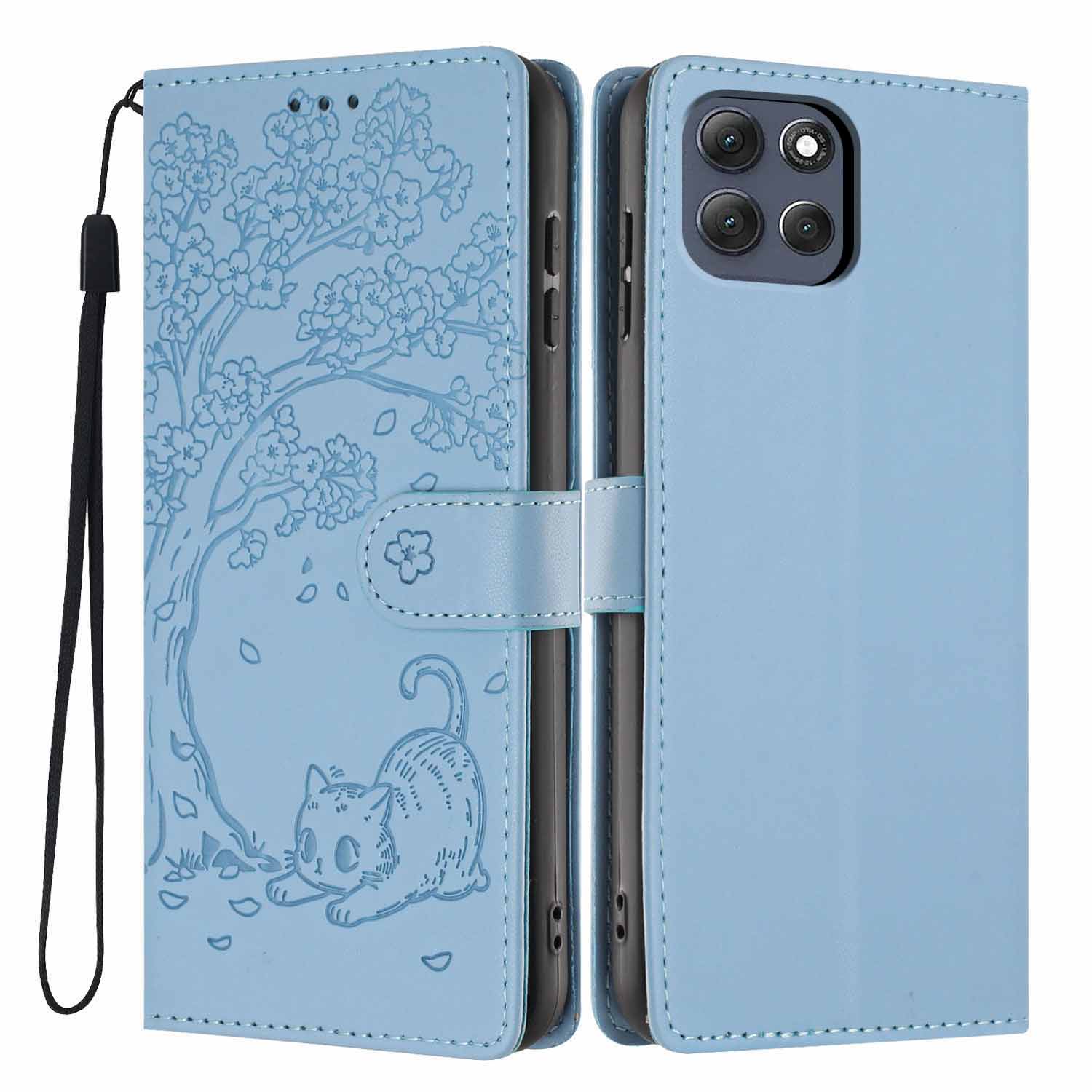 

For Motorola Moto G86 Power 5G Stand Case Tree-and-Cat Pattern PU Leather Wallet Protective Phone Cover with Wrist Strap