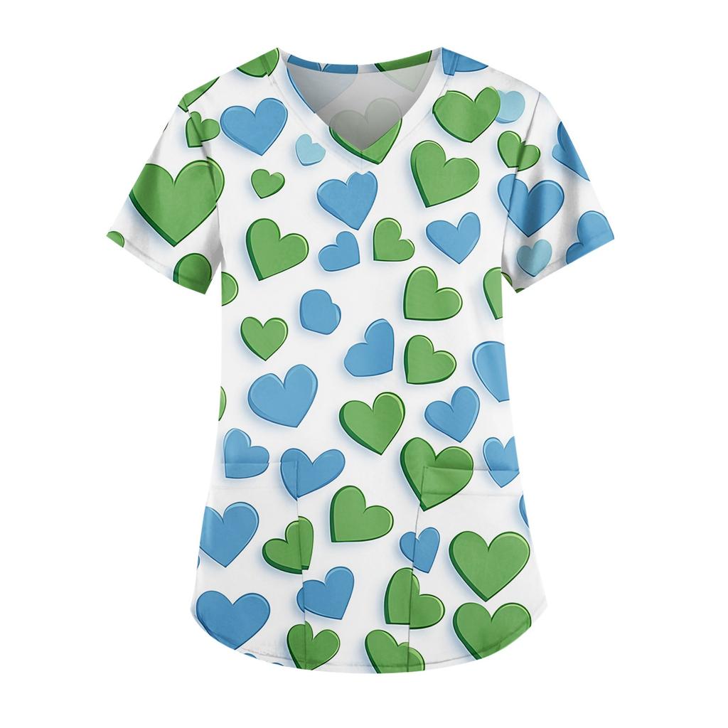 Women's Cute Printed Work Clothes V-neck Double Layer Pockets Basic Short Sleeve Top Pullover Christmas