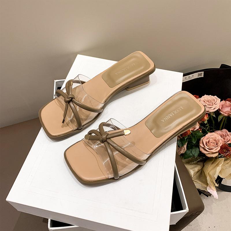 Transparent sexy outer slippers 2025 summer new bow fairy style thick heel square head open toe sandals