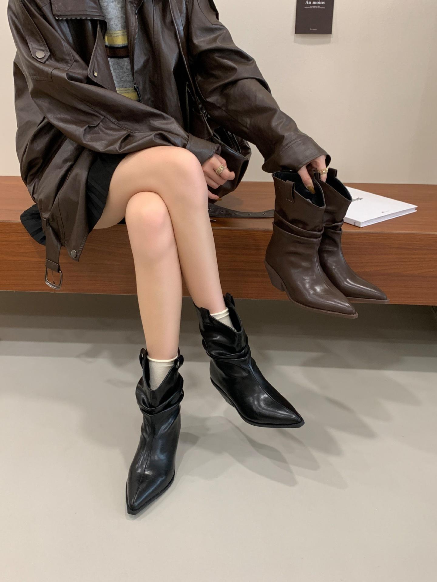 

2025 женские сапоги ретро плиссированные с острым носком на толстом каблуке ковбойские сапоги в западном стиле 39 коричневый