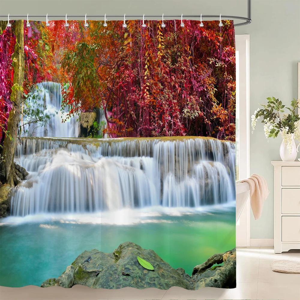 Nature Forest Waterfall 3D Shower Curtain landscape Bathroom Curtains Waterproof Fabric With Hooks Home Decoration Bath Curtain
