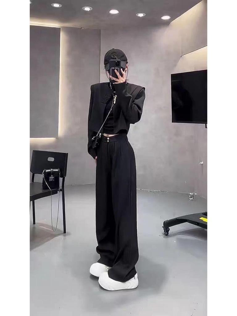 Dámský čínský retro dvoudílný set: Pánská bunda s dlouhým rukávem a kalhoty s vysokým pasem