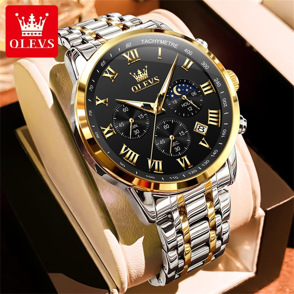 OLEVS Men's Watches Sport Fashion Fine Steel Original Brand Quartz Wristwatch for Man Roman Scale Waterproof Moon Phase Date New