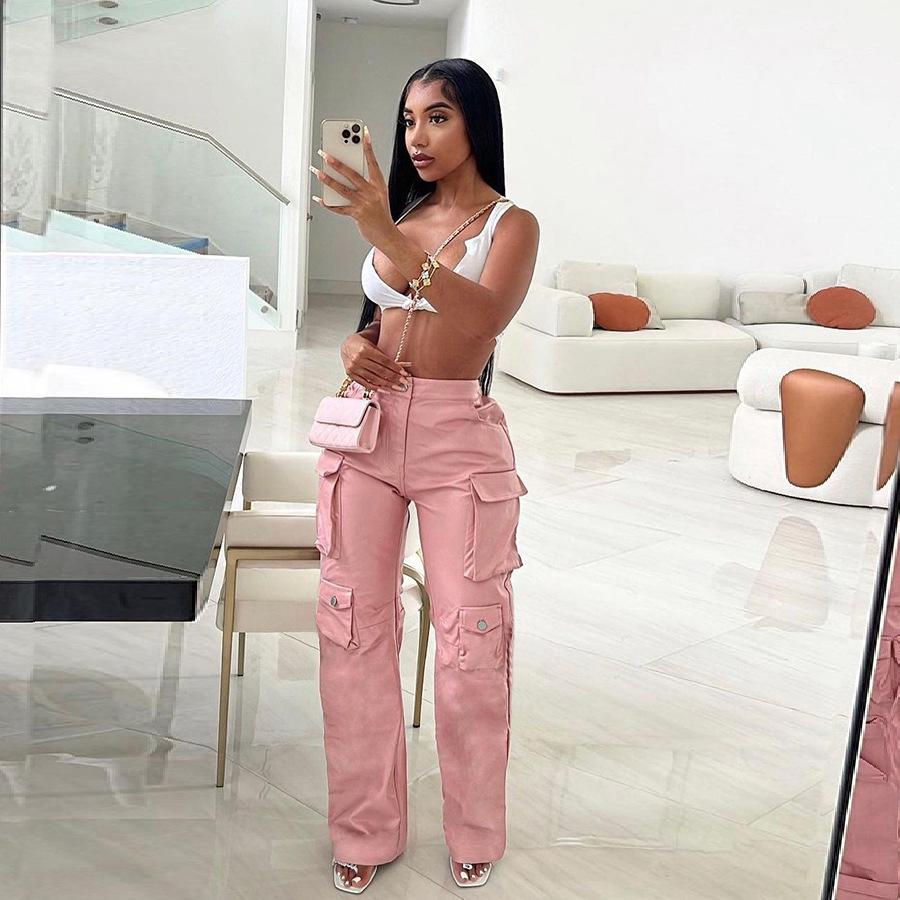 2024 Women's High Waist PU Leather Workwear Pants: Loose, Straight, with Pockets
