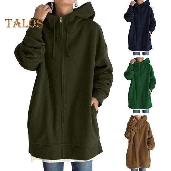 Fall Winter Hooded Jacket Zipper Closure Deawstring Hoodie Long Sleeves Loose Solid Color Warm Pockets Mid Length Neck Protection Coat