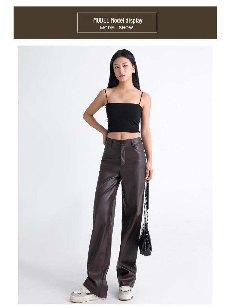 Women's High-Waisted PU Leather Wide-Leg Trousers for Autumn and Winter