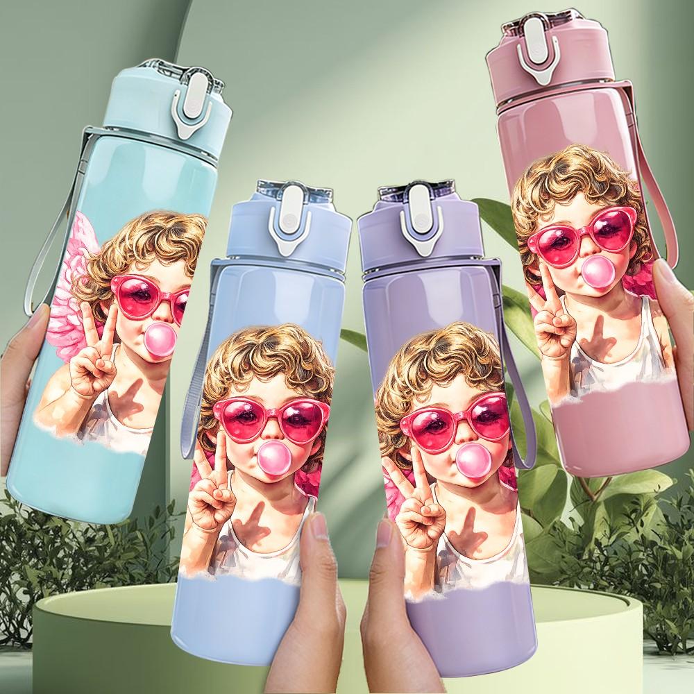 1PC Girl Pink Sunglasses Angel Print 750ml Color Plastic Sports Water Bottle Leakproof Flip Straw Lid Suitable for Sports Office Home Use