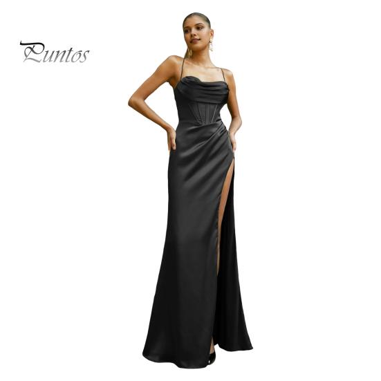

Женское вечернее платье на тонких бретельках с глубоким вырезом и открытыми плечами, без рукавов, с разрезом по низу, плиссированное макси-платье из атласа, свадебное банкетное бальное платье S чёрный