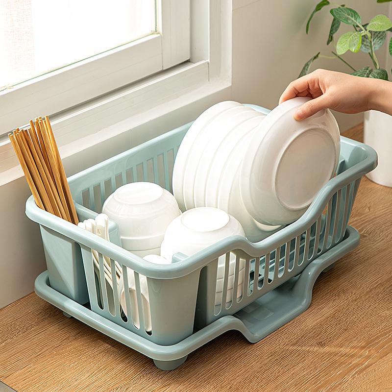 Draining dish rack dish storage rack sink storage rack tableware household kitchen table tableware water filter storage box(Blue [thickened] small