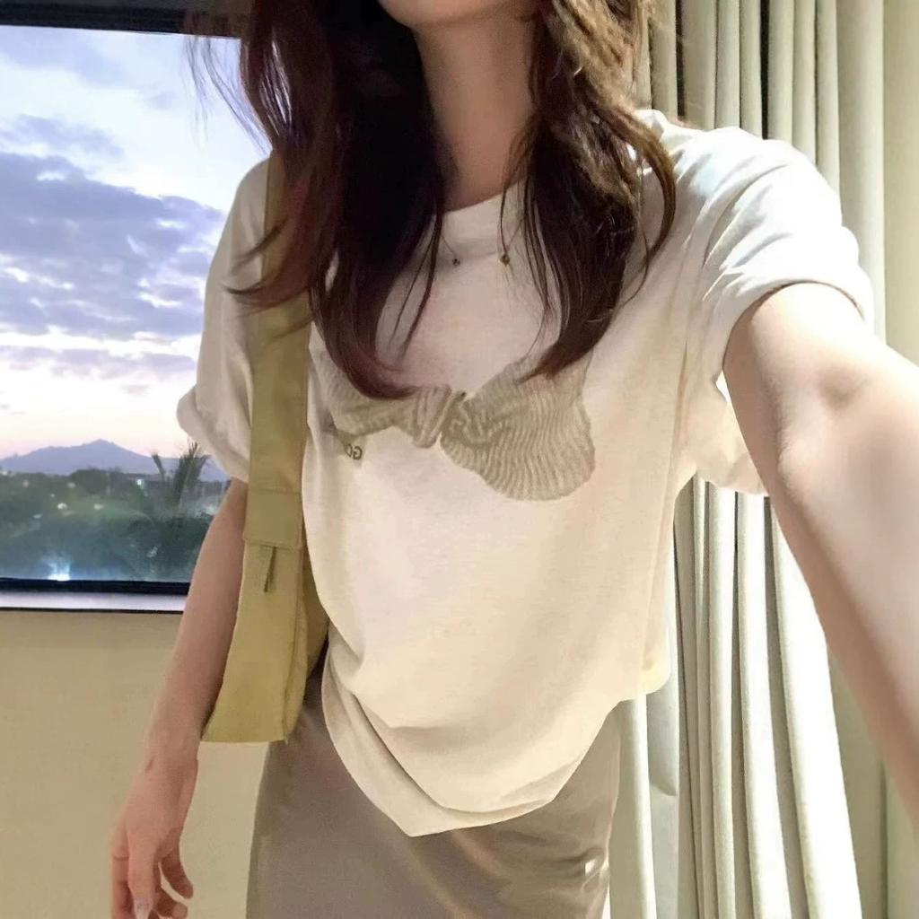 Relaxed Style Bow Print Skin Crew Neck Pullover Short Sleeve T-Shirt for Women, Summer Loose Slimming Casual Versatile Top