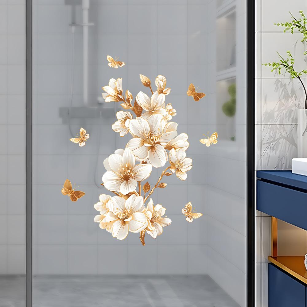 Lehce luxusní samolepky na okno se zlatou orchidejí, staticky přilnavé, beze stopy, samolepicí dekorace pro domácnost