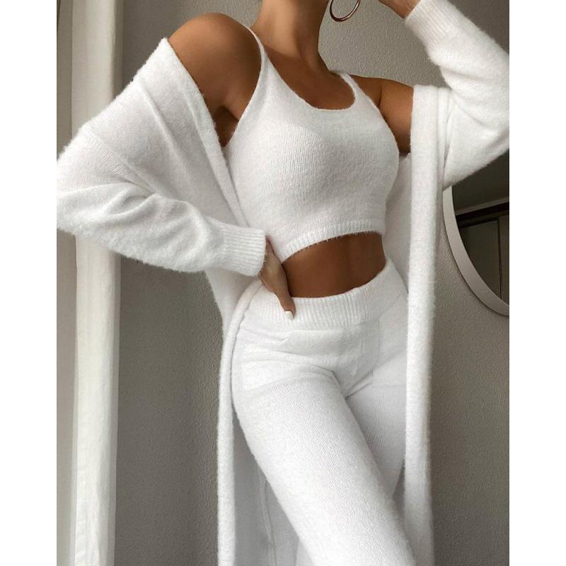 Chic V-neck Plush Three-piece Set: Vest, Long Pants & Suit for Women
