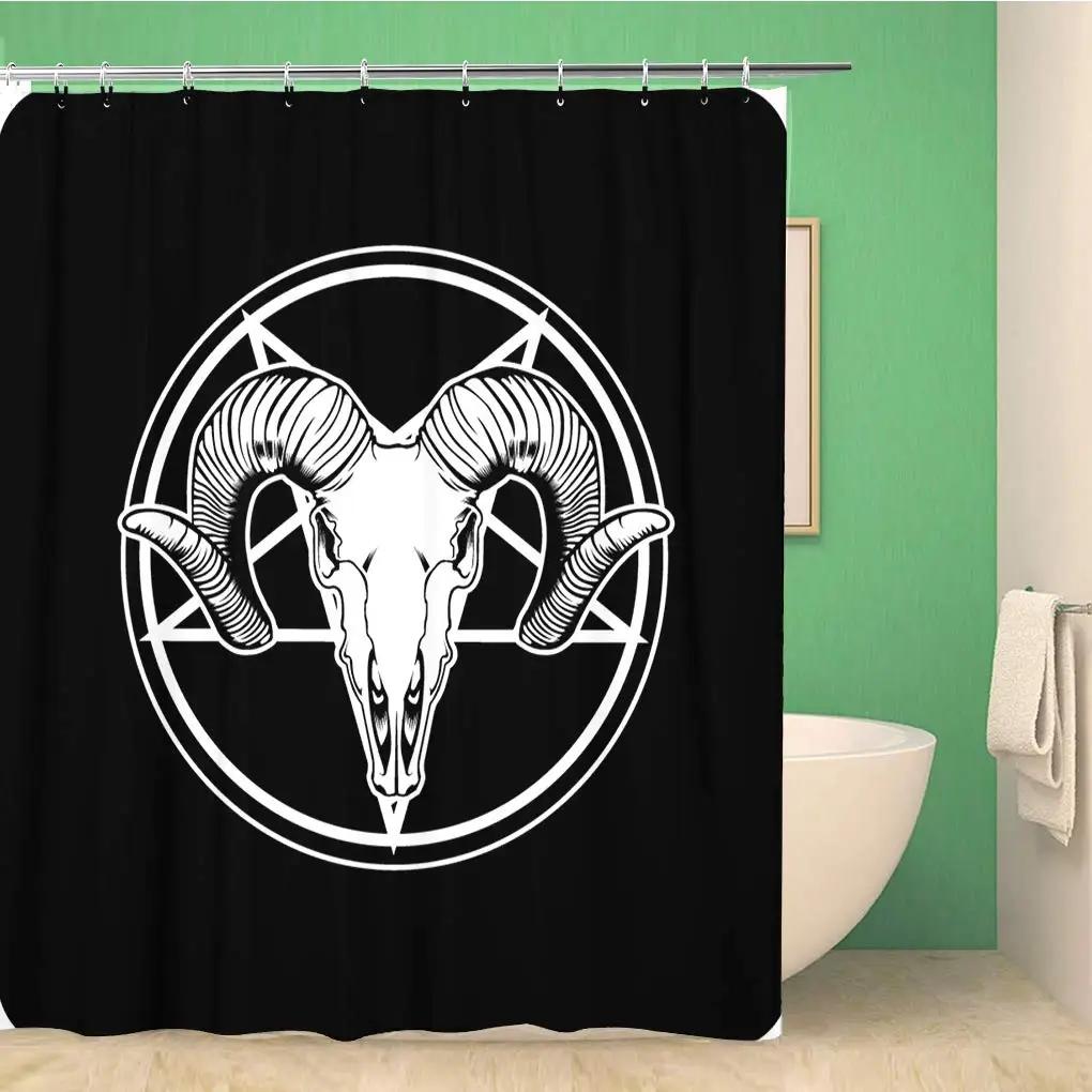 Duschvorhang Pentagramm mit Dämon Baphomet Satanischer Ziegenkopf Binäres Symbol Tattoo Wasserdichtes Badezimmer-Vorhangset mit Haken