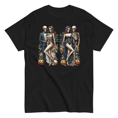 Halloween Skeleton Man and Woman Standing Spooky Couple Skeletons T Shirt