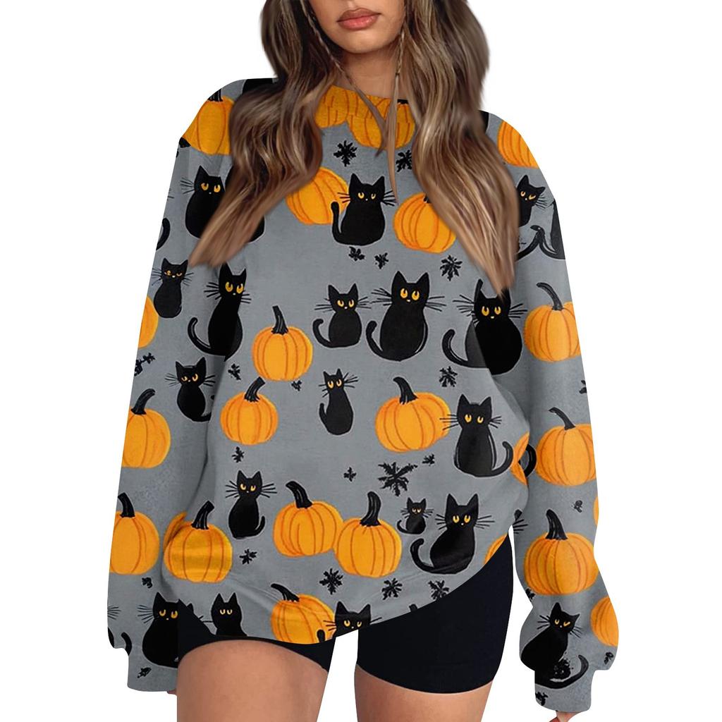 Women's Fashion Casual Long Sleeve Halloween Printed Neck Sweatshirt Top