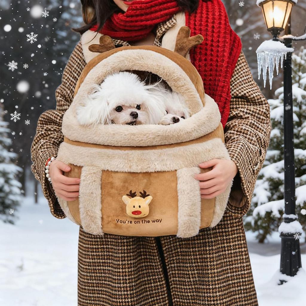 Elk Shape Dog Carrier Bag Winter Warm Puppy Backpack Pet Outgoing Bag for Small Dogs Cats Travel Hiking Airplane Indoor Outdoor