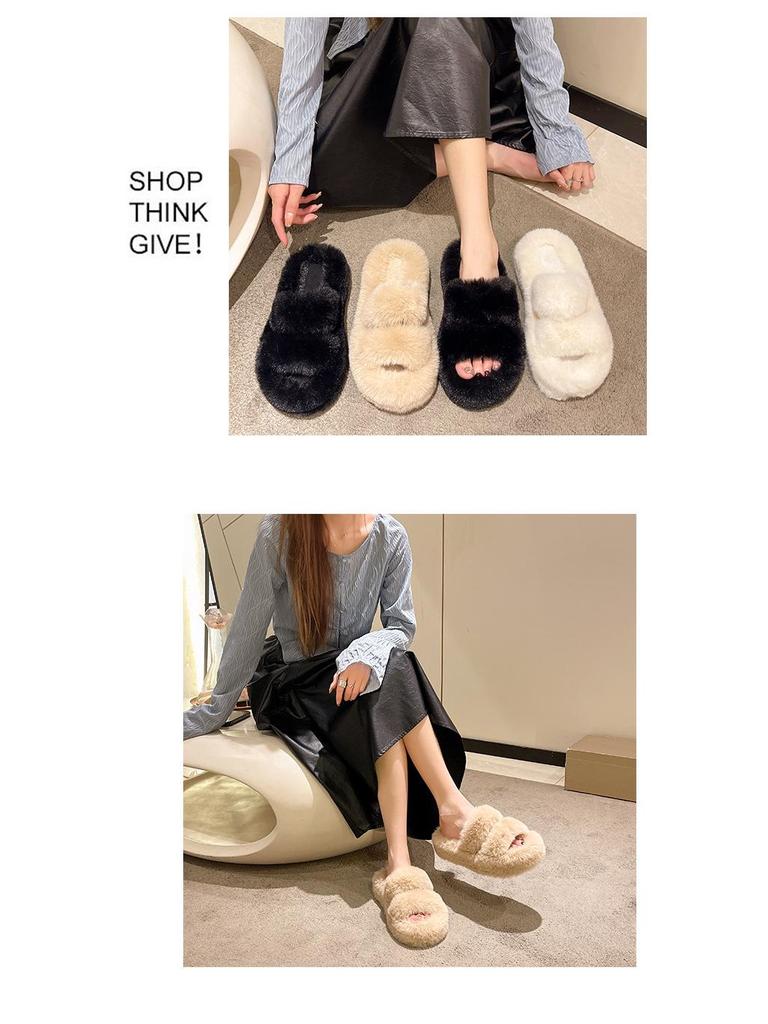 Large Cross-Fur Women's Slippers - Thick, Flat-Bottomed, Warm & Stylish for Spring, Autumn, Winter