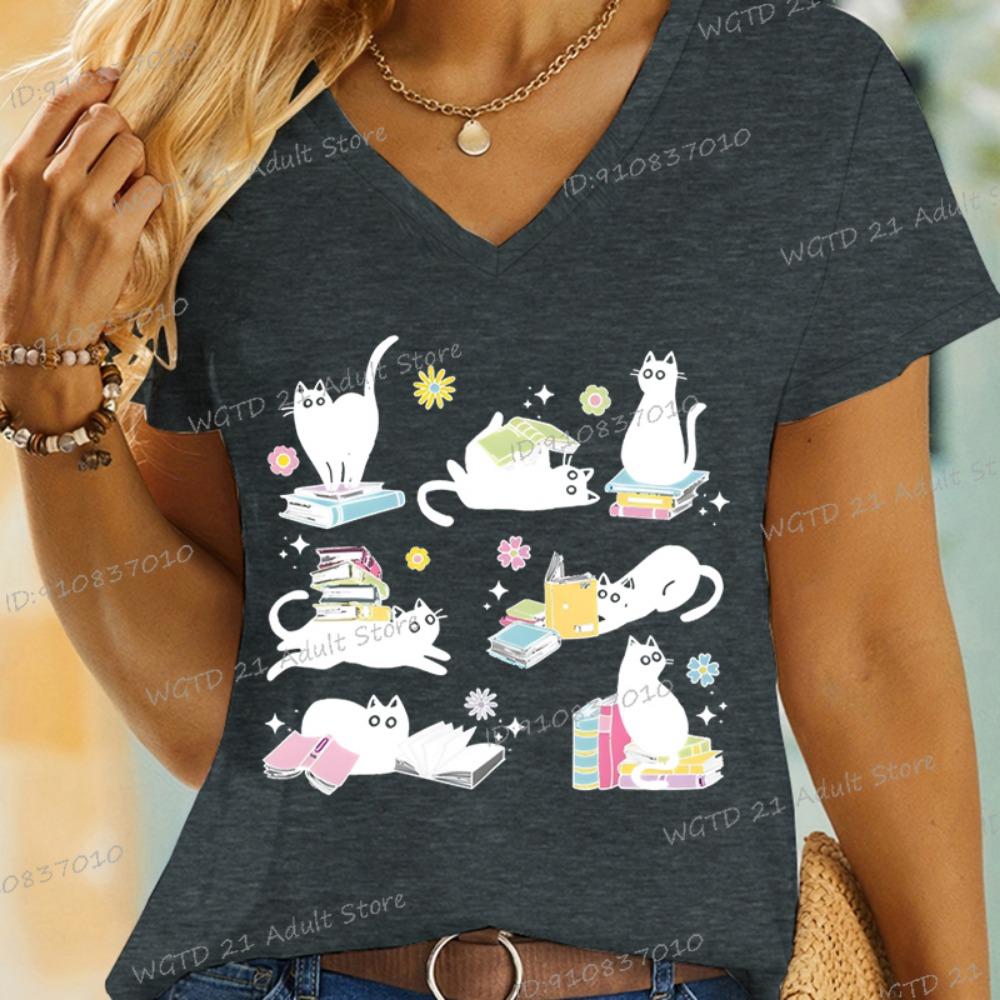 Cartoon cat and book T-shirt funny bookworm casual women's short-sleeved top