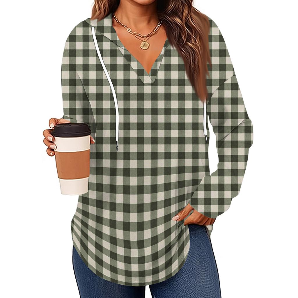 Damenmode Kapuzenpullover V-Ausschnitt Langarm Geblümter Kordelzug Lässig Locker Pullover Tops