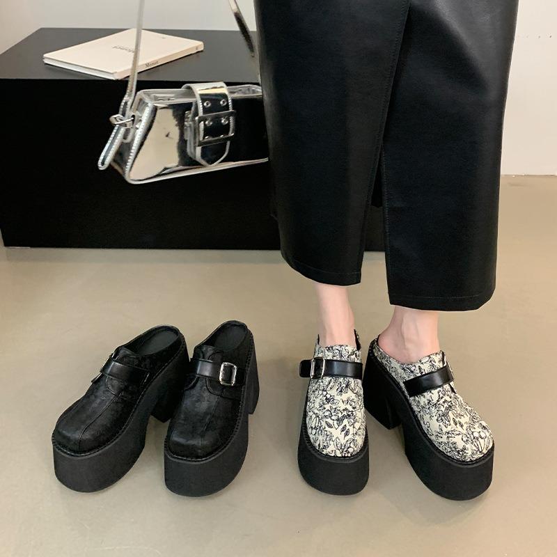 Fashion 11cm Block High Heels Black Slingback Shoes Women Close Toe Platform Chunky Heeled Slippers Punk Summer Sapatos Femininos 2024