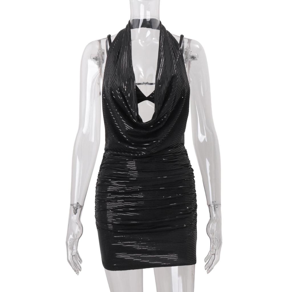 2025 Winter Women's Sequin Halterneck Camisole and Draped Dress Set