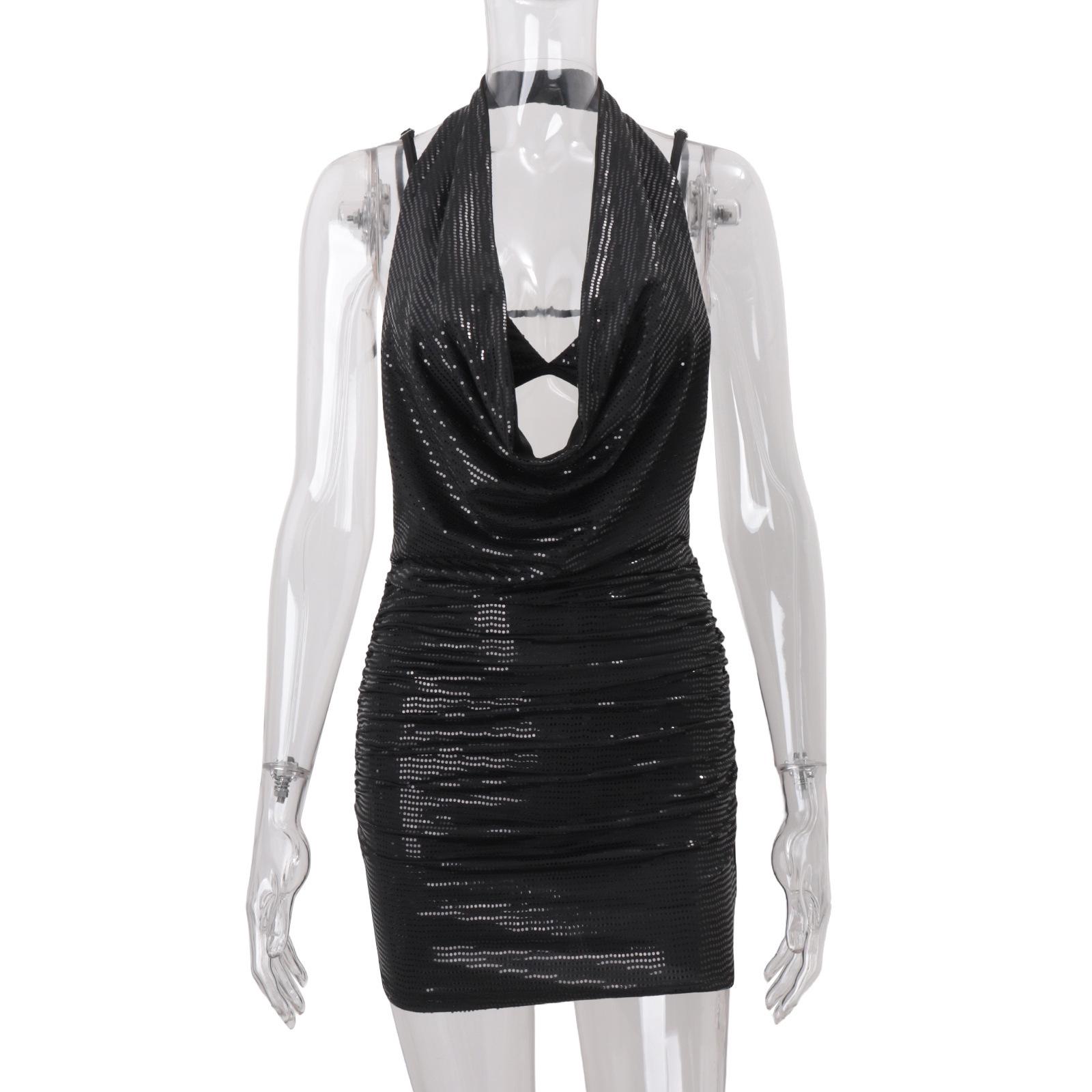 

2025 Winter Women s Sequin Halterneck Camisole and Draped Dress Set S чорний