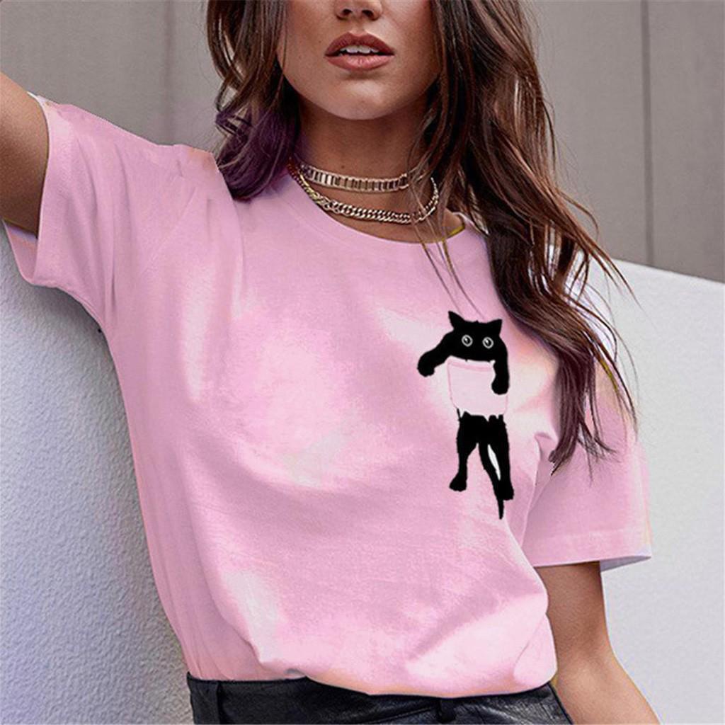 Women Cat Print T-shirt Loose Short Sleeve Blouse Casual  Pullover Tops