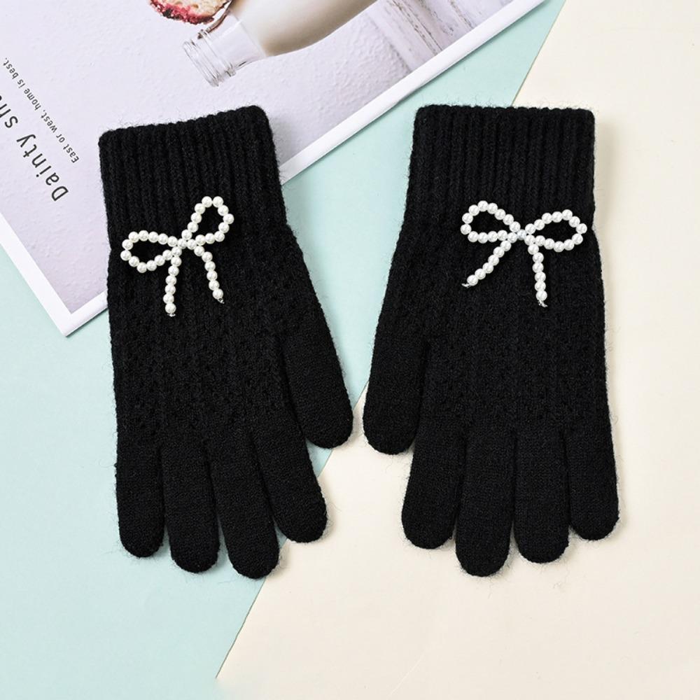 Fashion Pearl Bow Knitted Gloves Kawaii Women Mittens New Warm Fullfinger Gloves
