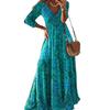 Maxi Abito da Donna Stampa Vintage Scollo a V Profondo Vita Alta Manica a Tre Quarti
