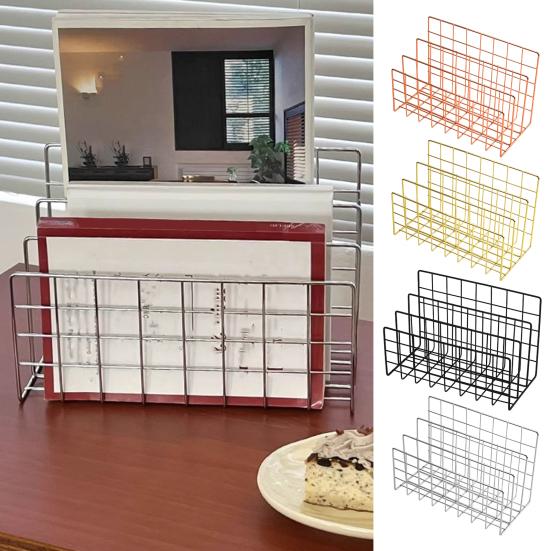 Magazine Holder Book Stand with 3 Vertical Compartments Hollow Design Rustproof Storage Rack Office Desk Organizer