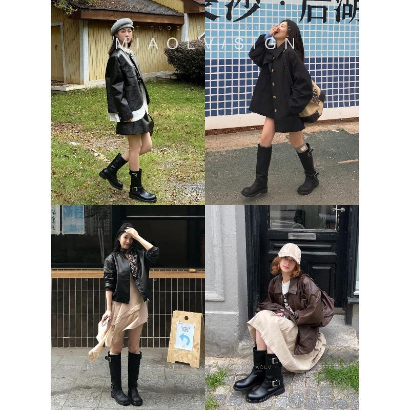 Cowhide~ Genuine Leather Thick-soled Knight Boots Women's Belt Buckle Boots Autumn and Winter Retro Long Boots Wide Tube Thin High Boots