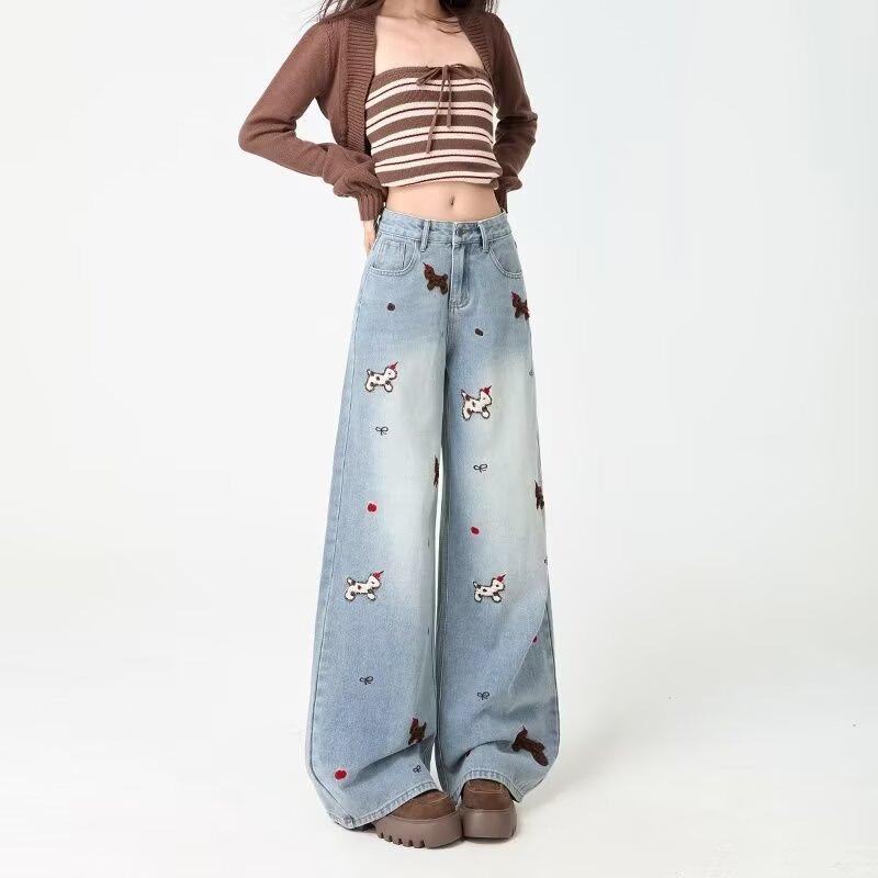 Fashionable Puppy Embroidered Wide-leg Jeans Women's Loose Slimming Versatile Design Floor-length Pants Cute Dog Embroidered Casual Pants