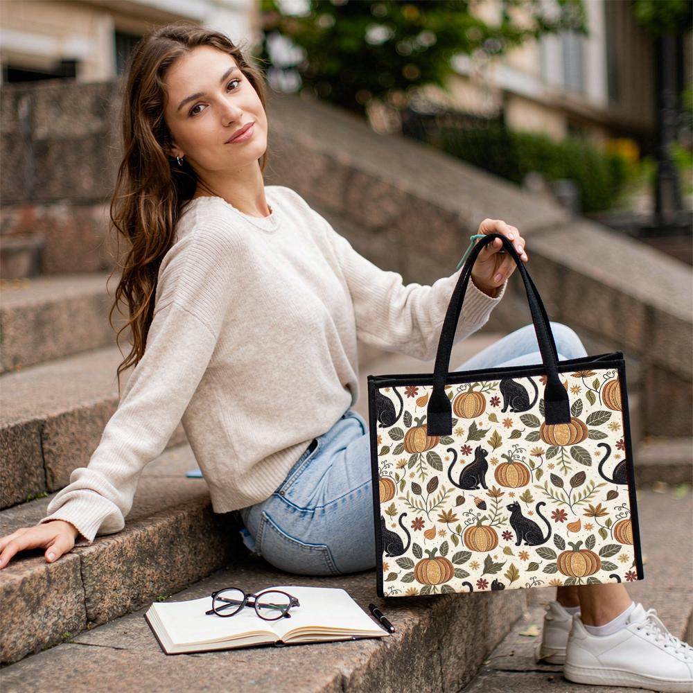 Halloween Black Cat Pumpkin Print Canvas Tote Bag Fashion Casual Large Capacity Shopping Handbag for Daily Use
