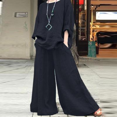 Women's Fashionable Casual Loose Solid Color Cotton and Linen Shirt Long-sleeved Suit Two-piece Set