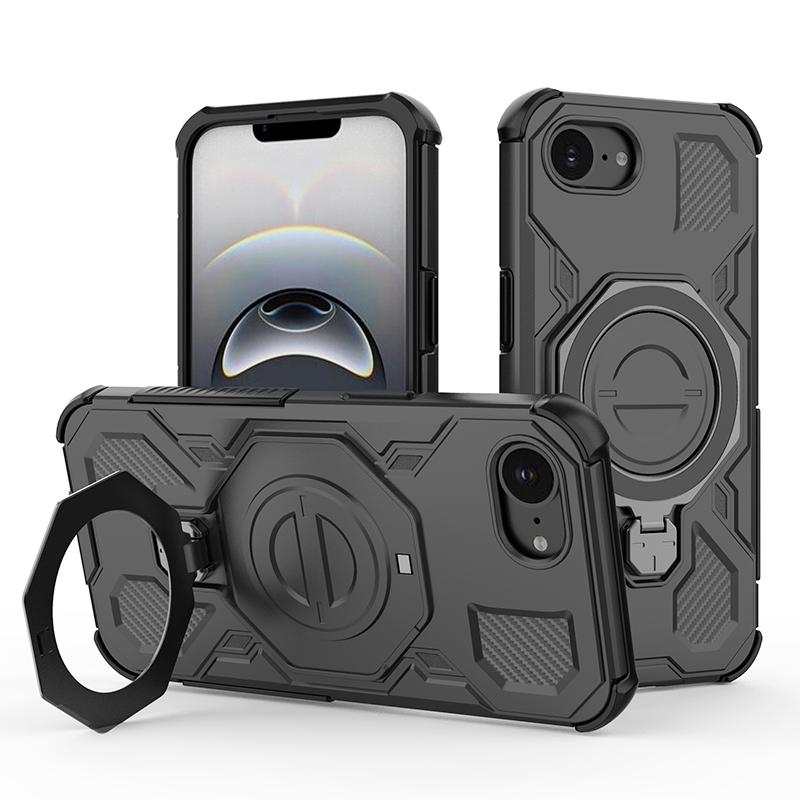 KEYSION Shockproof Magnetic Case for iPhone 16e Soft Silicone+PC Upright Live Metal Ring Stand Phone Back Cover for iPhone 16e