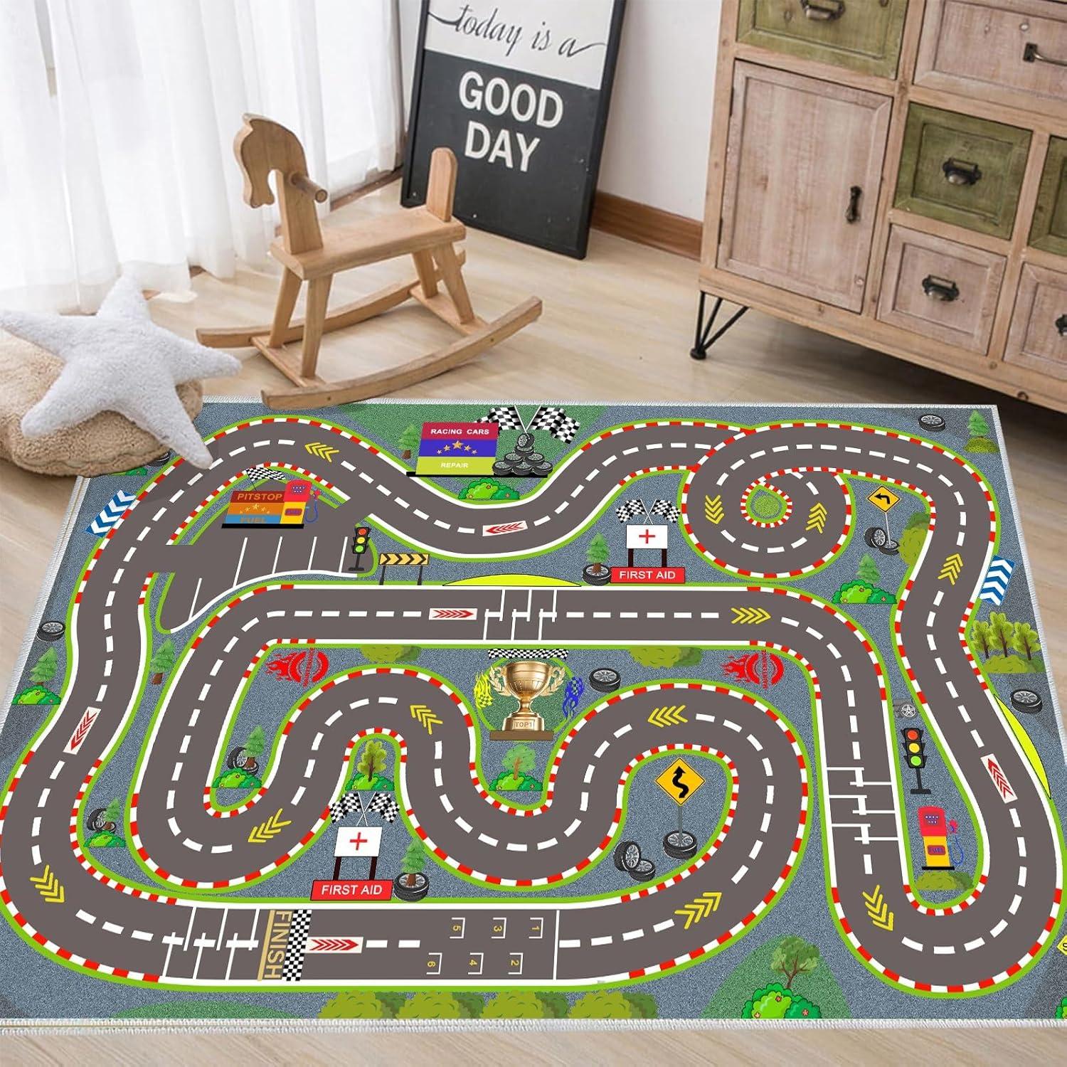

Race Track Playmat Rugs Kids Carpet Start and Finish line Racing Track Marking Car Road Race Play Mat Rugs for Bedroom Playroom 50cm x 80cm