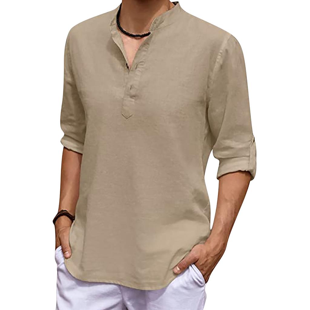 Designer Spring Summer Men's Casual Cotton Linen Color Long Sleeve Shirts Loose Stand Collar Shirts