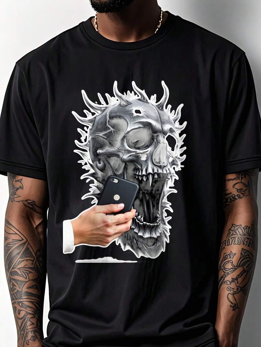 

Unisex S Graphic T-Shirt - Edgy Skull Holding Smartphone Design XXXL