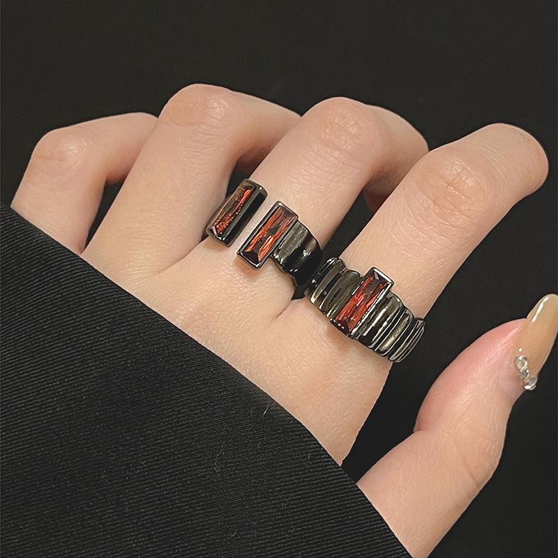 Dark Personality Red Zircon Niche Design Ring Neutral Men And Women High Sense Open Couple Ring