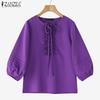 ZANZEA Damen Freizeit Bluse mit Rüschenbesatz, Bindegürtel und 3/4-Ärmeln