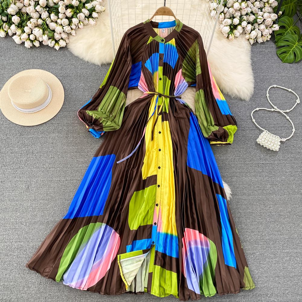 High sense light luxury temperament lantern long sleeve round neck waist thin single breasted printed dress elegant long skirt