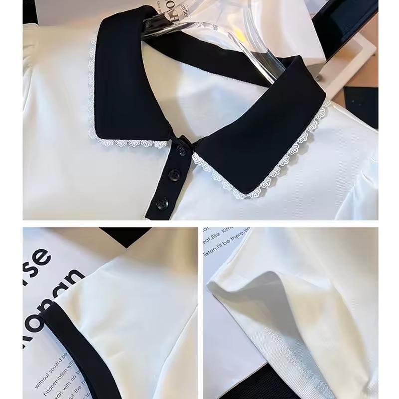 Female Summer Straight-Shoulder Short-Sleeve T-Shirt with A Short Peter Pan Collar